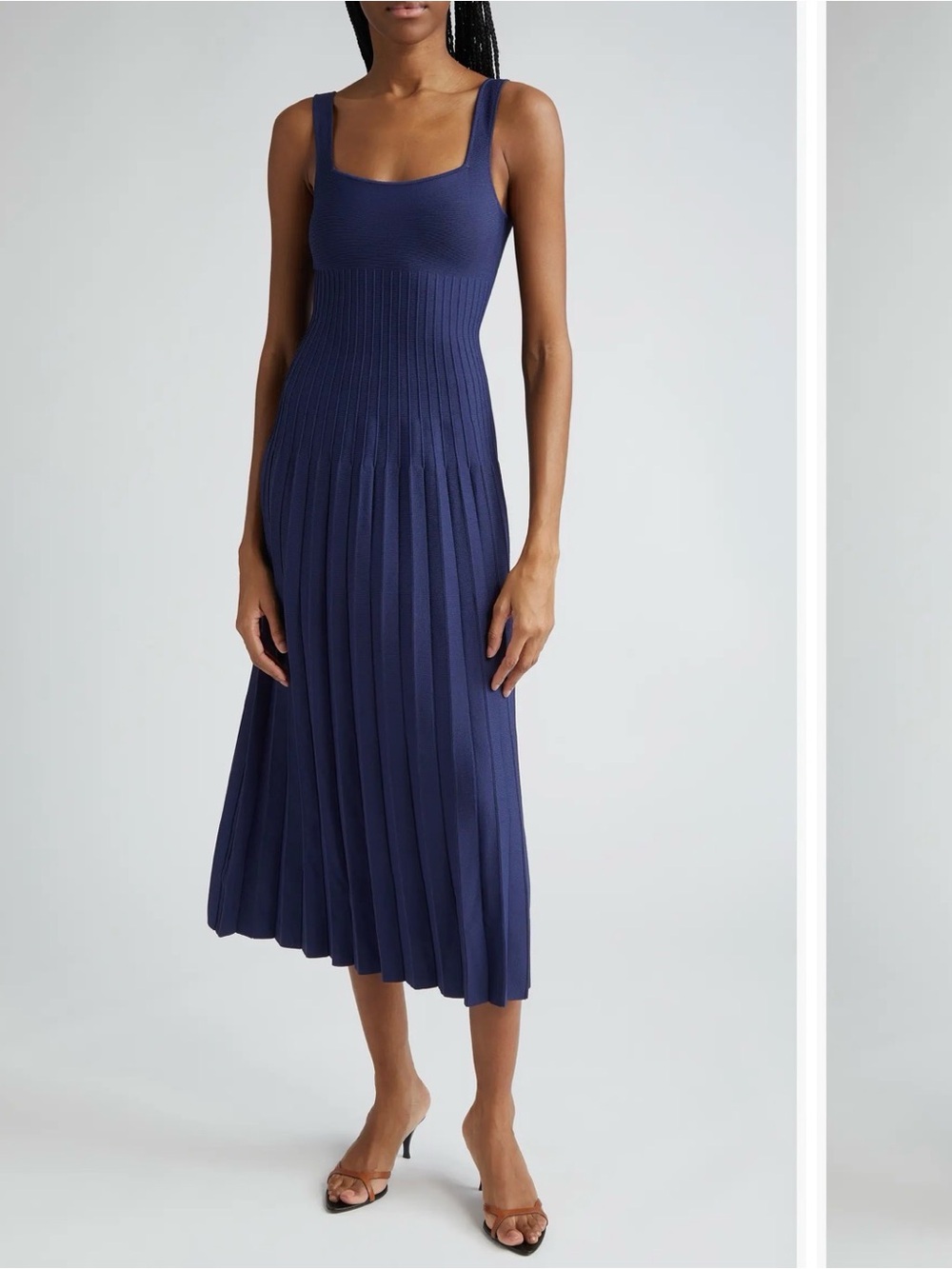 Staud Size Small Navy Blue Rib-Stitch Square Neck Sleeveless Ellison Dress